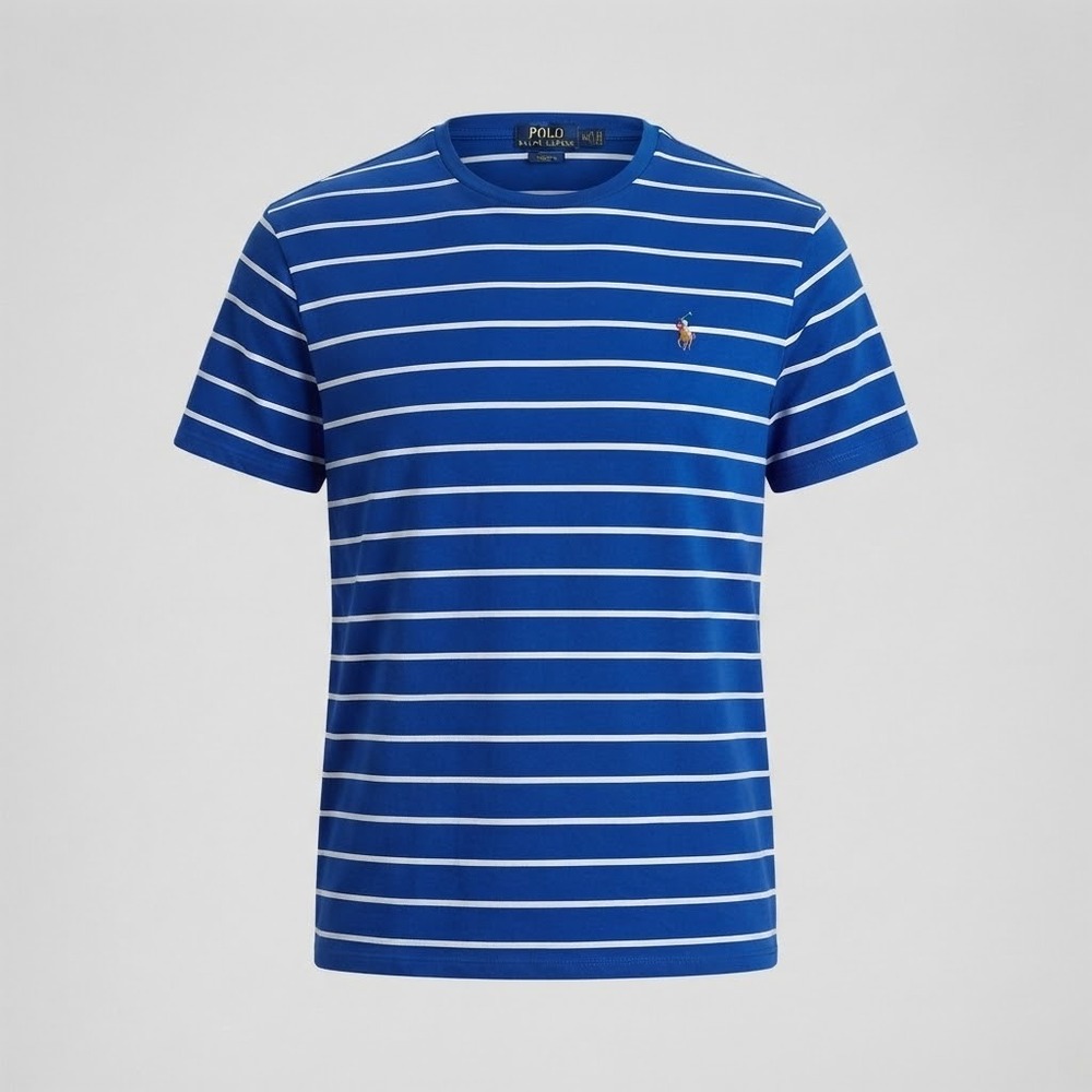 Polo Ralph Lauren Shirt Mens XL Blue White Striped Crew Neck Short Sleeve Tee - Picture 1 of 12